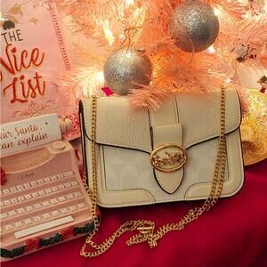 Coach 7287 Georgie Crossbody Bag Signature Canvas Chalk Gold Chain Strap Leather